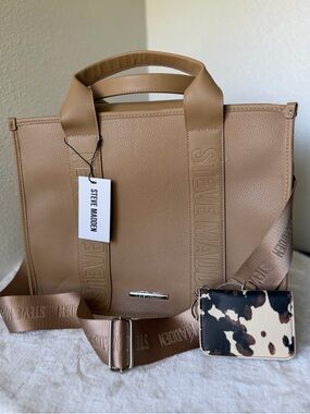 STEVE MADDEN BWEBBER LARGE TOTE/SHOULDER BAG  Brown LATTE Cow Print Wallet NEW